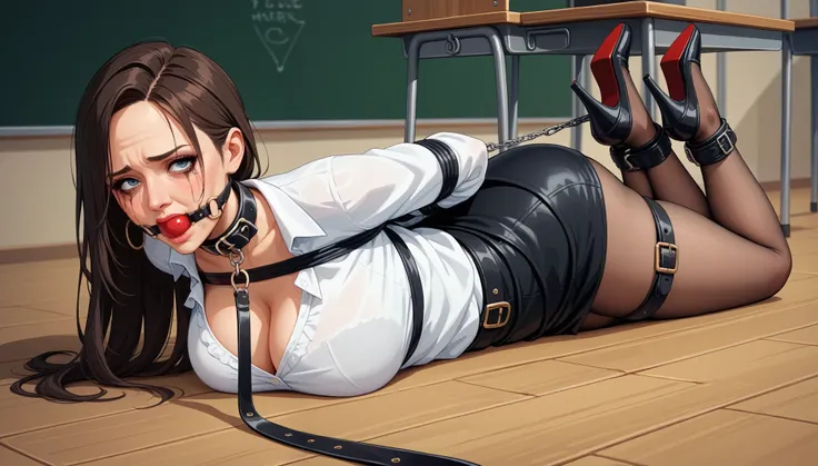 teacher is 6,  milf, grandmother, wears long hair as a ponytail with bangs, wearing black leather miniskirt, a wide belt around ...