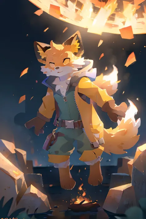 fennix, furry male fox, fox boy, solo, levitating, in a fire, like a phoenix, ordinary closed clothes, unity with inner strength