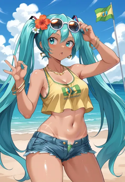 twintails, tanlines, dark-skinned female, brmeek, hatsune miku, brazilian tank top, looking away, distracted, beach, dynamic pos...