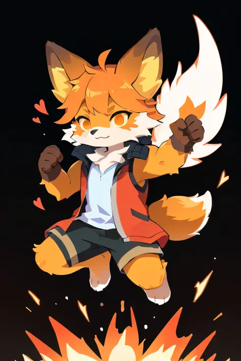 fennix, furry male fox, fox boy, solo, levitating, in a fire, like a phoenix, ordinary closed clothes, unity with inner strength