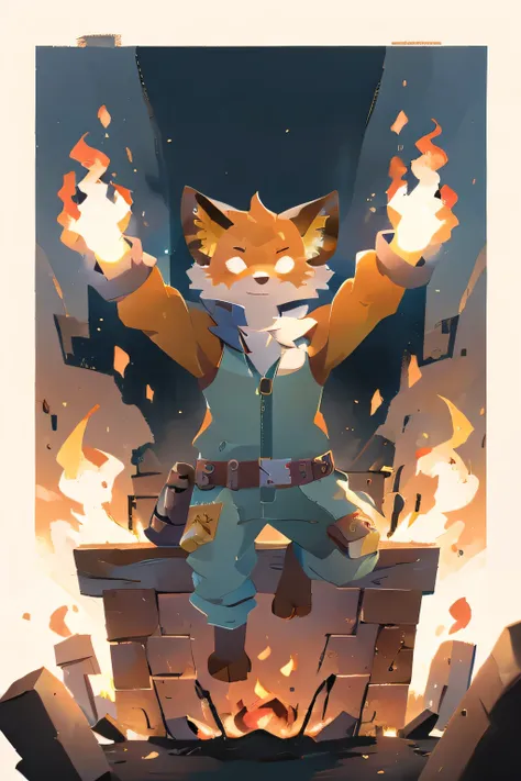 fennix, furry male fox, fox boy, solo, levitating, in a fire, like a phoenix, ordinary closed clothes, unity with inner strength