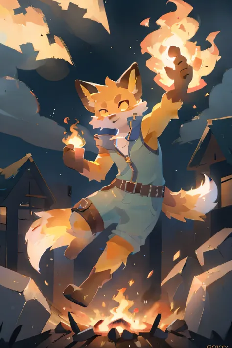 fennix, furry male fox, fox boy, solo, levitating, in a fire, like a phoenix, ordinary closed clothes