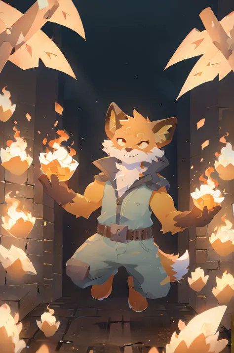 fennix, furry male fox, fox boy, solo, levitating, in a fire, like a phoenix, ordinary closed clothes, unity with inner strength