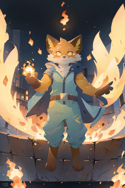 fennix, furry male fox, fox boy, solo, levitating, in a fire, like a phoenix, ordinary closed clothes, unity with inner strength