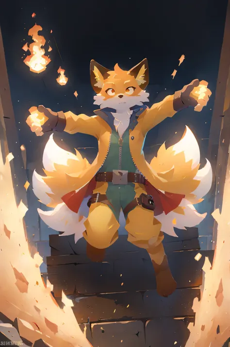 fennix, furry male fox, fox boy, solo, levitating, in a fire, like a phoenix, ordinary closed clothes, unity with inner strength