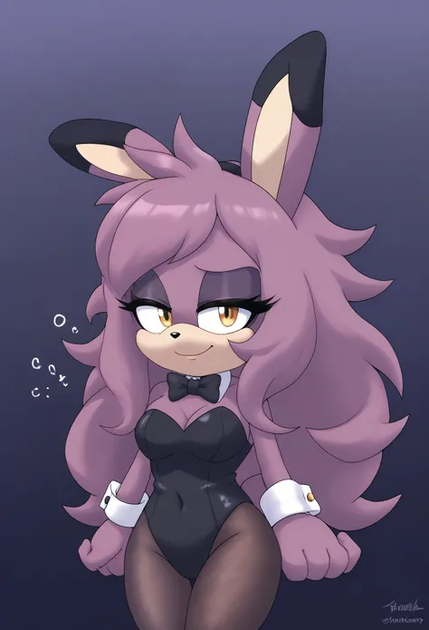  (1girl), (solo), (Female Fox), pale maroon colored fur, long pale maroon hair, fringe_trim styled hair bangs, amber eyes, medium bust, fuzzy muzzle, (playboy bunny costume), playboy bunny, black headband with rabbit ears, ((pantyhose)), black bowtie, wris...