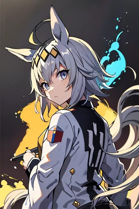 ((, Multiple Representations )),Silver Hair,Ahoge,short hair,tail,whole body,Yellow hair band,Jersey,pose,((Ink Painting)),Aura on the back