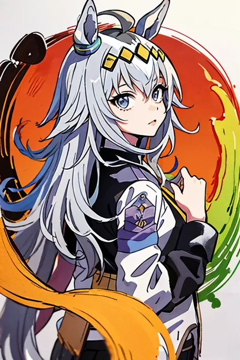 ((, Multiple Representations )),Silver Hair,Ahoge,long hair,tail,whole body,Yellow hair band,Jersey,pose,((Ink Painting)),Aura on the back