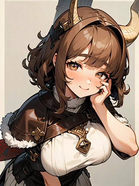 ((((best quality, masterpiece)))) Female, cute, brown hair, ((short curly hair)), ((sidepart bangs)), (bangs over eyes:1.5) ((brown eyes,)) unique eyes, reference, smiling, unique pupils, white pupils, medium breasts, perfect anatomy, cute, pretty, stunnin...