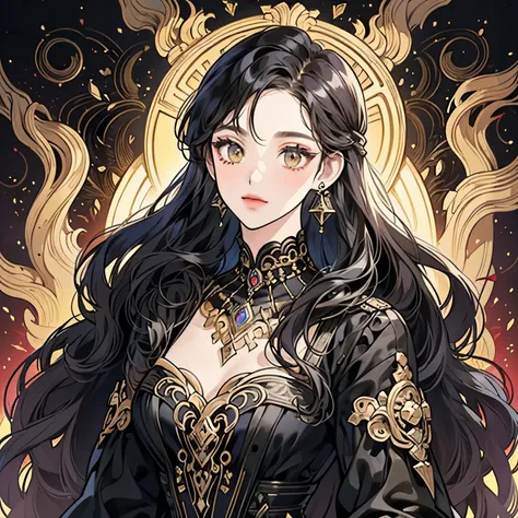 portrait woman,((best quality)), ((masterpiece)), (detailed), detailed skin, Golden Eyes, Long black hair with thick waves, black silk dress, fluid dynamics, brilliant golden halo, Her attire combines a rich palette of black and gold, Create a gorgeous and...