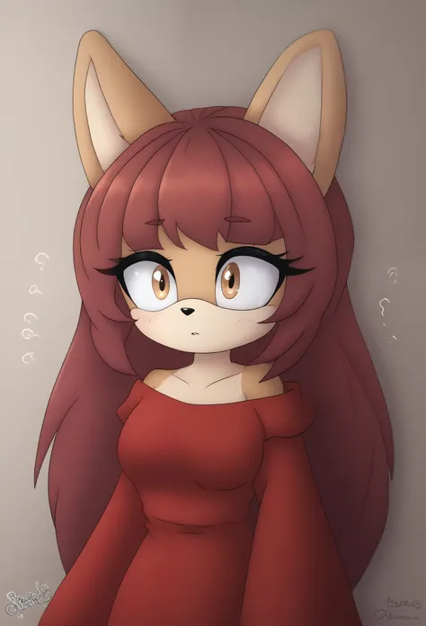 (1girl), (solo), Female Fox, Mobian Fox, pale maroon colored fur, long pale maroon hair, fringe_trim styled hair bangs, amber eyes, medium bust, (Spring themed dress), (off shoulder), long sleeves, makeup, eyelashes, daytime, (tired expression), sleepy, mo...