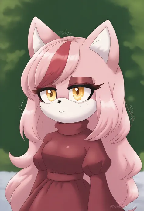 (1girl), (solo), Female Fox, pale maroon colored fur, long pale maroon hair, fringe_trim styled hair bangs, amber eyes, medium bust, (spring season themed dress), makeup, eyelashes, daytime, blossom trees, (tired expression), sleepy, mobian, mobius city
