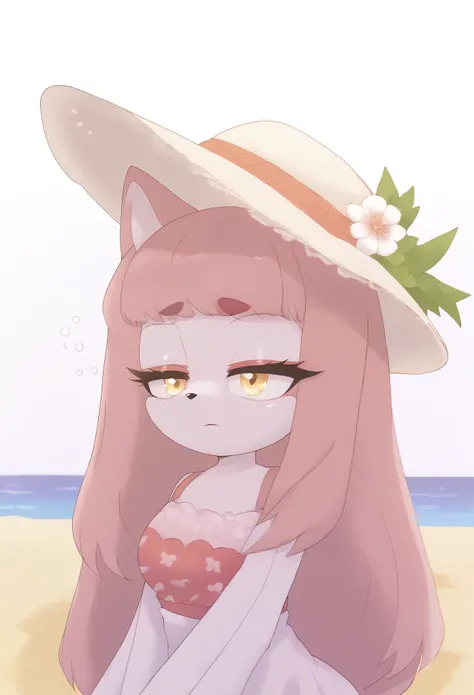 (1girl), (solo), Female Fox, pale maroon colored fur, long pale maroon hair, fringe_trim styled hair bangs, amber eyes, medium bust, (white summer dress), white sun hat, makeup, eyelashes, daytime, beach, (tired expression), sleepy, mobian, mobius city
