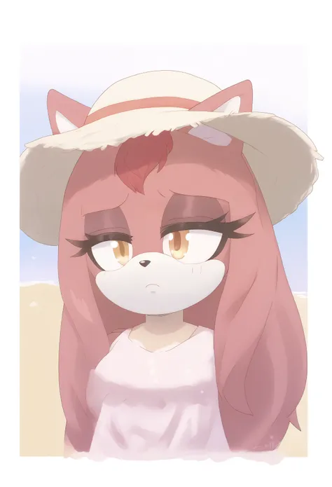 (1girl), (solo), Female Fox, pale maroon colored fur, long pale maroon hair, fringe_trim styled hair bangs, amber eyes, medium bust, (white summer dress), white sun hat, makeup, eyelashes, daytime, beach, (tired expression), sleepy, mobian, mobius city
