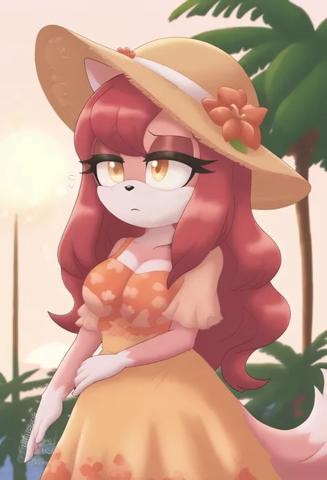 (1girl), (solo), Female Fox, (pale maroon colored fur), long pale maroon hair, fringe_trim styled hair bangs, amber eyes, medium bust, (sun dress), sun hat, makeup, eyelashes, evening, tropical beach, (tired expression), sleepy, mobian, mobius city
