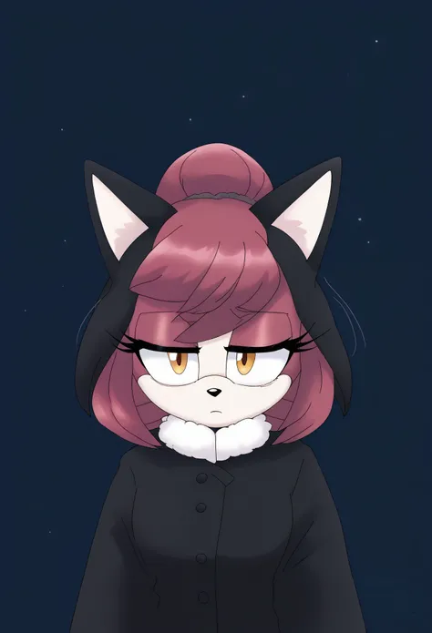 (1girl), (solo), Female Fox, pale maroon colored fur, long pale maroon hair, fringe_trim styled hair bangs, amber eyes, medium bust, (black winter dress coat), makeup, eyelashes, nighttime, dim city lights, (tired expression), sleepy, mobian, mobius city
