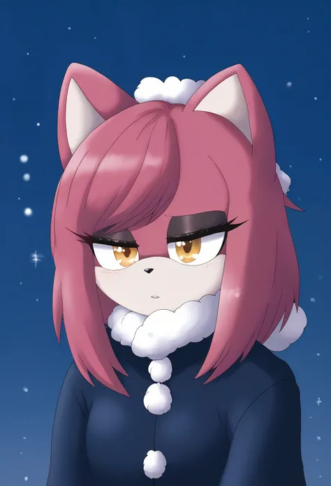 (1girl), (solo), Female Fox, pale maroon colored fur, long pale maroon hair, fringe_trim styled hair bangs, amber eyes, medium bust, (winter clothing), makeup, eyelashes, lightly snowing, nighttime, dim city lights, (tired expression), sleepy, mobian, mobi...