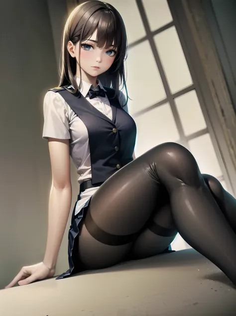 Masterpiece, photogravure style, 2D, one girl, solo, beautiful girl in an elegant school uniform, sitting gracefully, dynamic angles, detailed uniform design, prissy skirt, black tights, soft expression, cinematic lighting, ultra-detailed