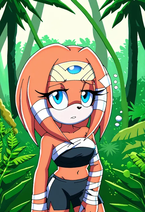 (1girl), (solo), Female Echidna, maroon colored fur, long maroon quills/hair, fringe_trim styled hair bangs, blue eyes, medium bust, cropped tube top made of bandages, black yoga shorts, makeup, eyelashes, dusk, tropical forest, shy expression, sleepy, mob...