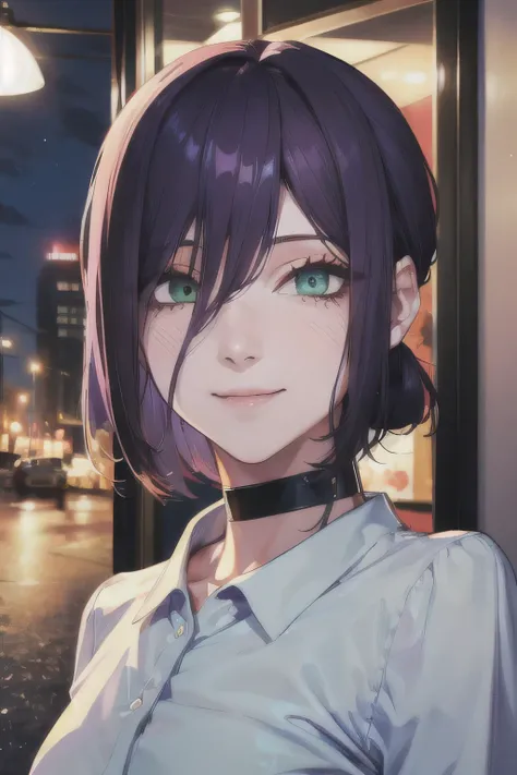 (Highest quality)、(Highest quality)、cut、Chainsaw Man、cute、(choker).eyes are emerald、Her hair is purple、Short Bob、Beautiful night view、whole body、detailed、Powerful detailed、cut、((Keep your facial image)).((Cafe capacity)).((smile)).