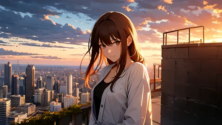 "Anime image of 30 year old girl with long brown hair, slightly disheveled. Now he has moved away from the railing a little and is walking slowly along the roof of the building.. The camera captures the scene from a wider angle, showing the illuminated cit...