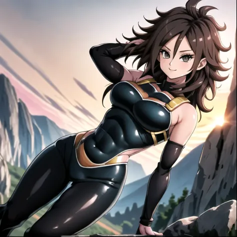 android 21, smile, black hair, wearing saiyan armor, black saiyan armor, black bodysuit, black pantyhose, black skirt, gine outf...