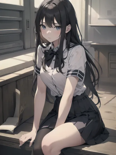 Masterpiece, photogravure style, 2D, one girl, solo, beautiful girl in an elegant school uniform, sitting gracefully, dynamic angles, detailed uniform design, prissy skirt, black tights, soft expression, cinematic lighting, ultra-detailed