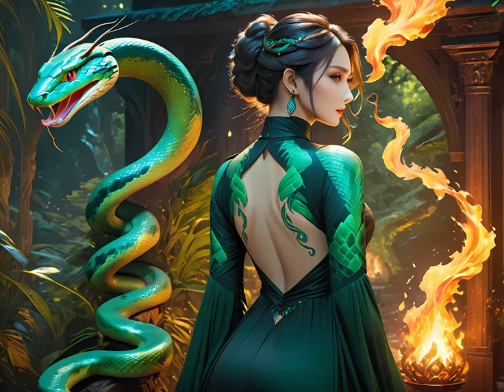 arafed, dark fantasy art, fantasy art, goth art, a picture of a tattoo of a green snake on the back of a female elf, a glowing t...