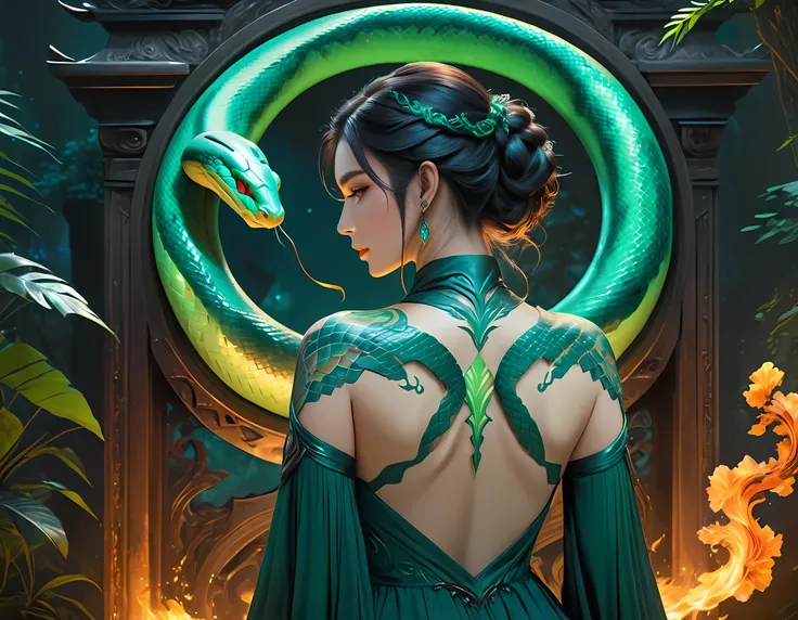 arafed, dark fantasy art, fantasy art, goth art, a picture of a tattoo of a green snake on the back of a female elf, a glowing t...