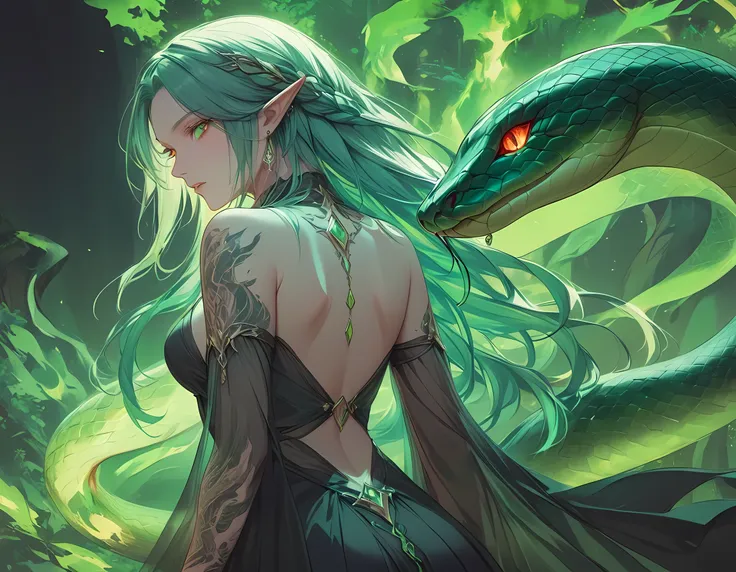 arafed, dark fantasy art, fantasy art, goth art, a picture of a tattoo of a green snake on the back of a female elf, a glowing t...