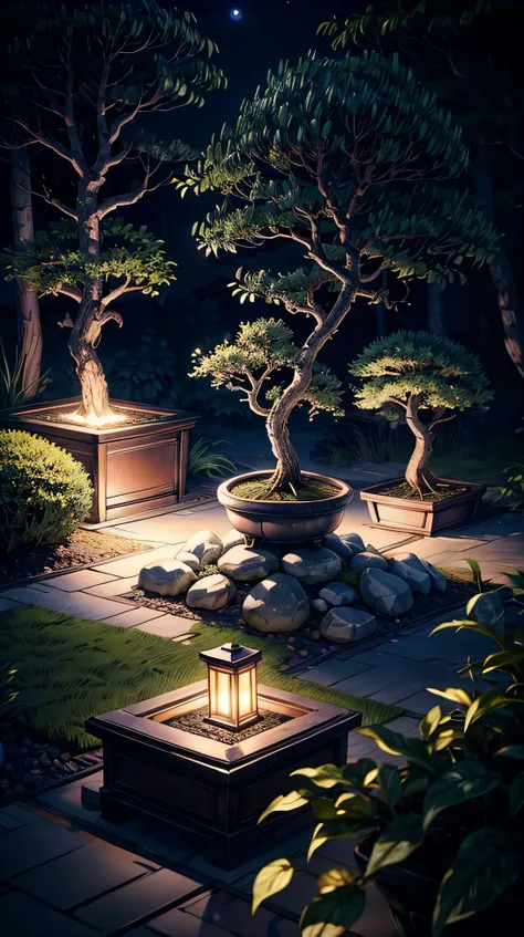 A peaceful bonsai garden at night, with small lanterns softly illuminating the carefully pruned trees. The moonlight casts gentle shadows on the gravel paths.