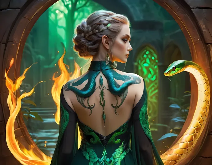 Arafed, Dark fantasy art, fantasy art, goth art, a picture of a tattoo of a green snake on the back of a female elf, a glowing tattoo of a ((green snake: 1.3)) on the elfs back, the tattoo is vivid, intricate detailed, ((fire surrounds the snake: 1.5)), sh...