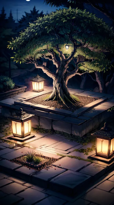 A peaceful bonsai garden at night, with small lanterns softly illuminating the carefully pruned trees. The moonlight casts gentle shadows on the gravel paths.