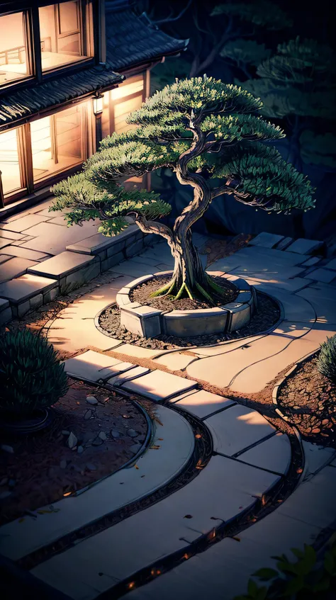 A peaceful bonsai garden at night, with small lanterns softly illuminating the carefully pruned trees. The moonlight casts gentle shadows on the gravel paths.