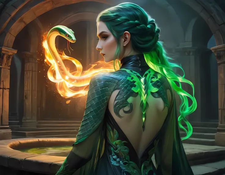 arafed, dark fantasy art, fantasy art, goth art, a picture of a tattoo of a green snake on the back of a female elf, a glowing t...