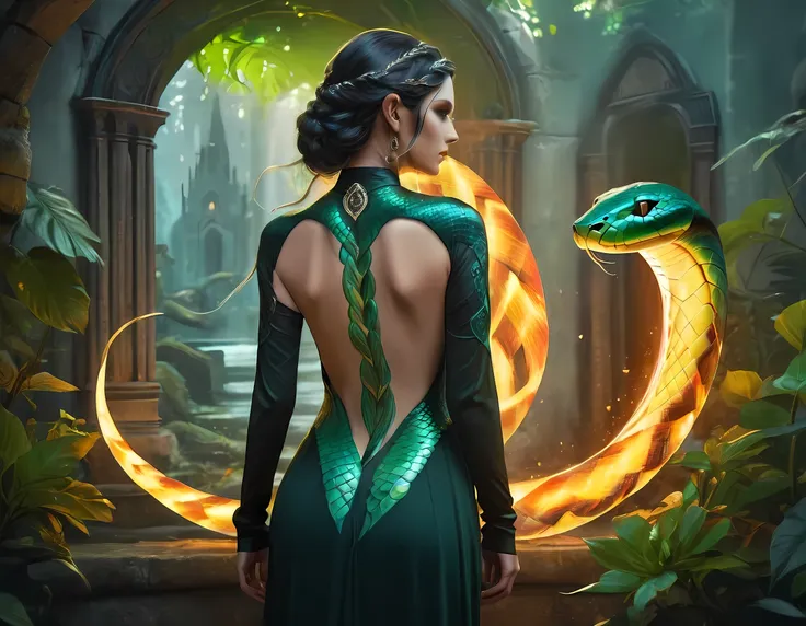 Arafed, Dark fantasy art, fantasy art, goth art, a picture of a tattoo of a green snake on the back of a female elf, a glowing tattoo of a ((green snake: 1.3)) on the elfs back, the tattoo is vivid, intricate detailed, ((fire surrounds the snake: 1.5)), sh...