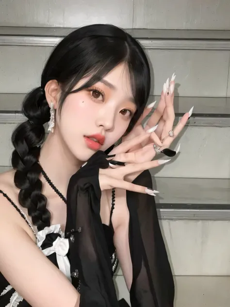 Araffe woman with long black hair and a black dress posing for a photo, ulzzang, shikami, white pigtails_guantesLalisa Manobal, with the index finger, cruel korean goth girl, jinyoung pimple, white hime cut hairstyle, pigtails hairstylesakimichan, kanliu66...