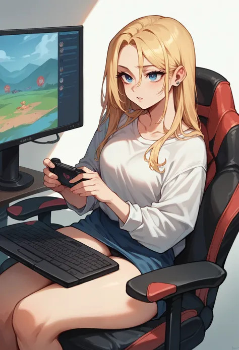 drawing of a blonde haired, blue eyed woman sitting in a gaming chair playing on the computer 