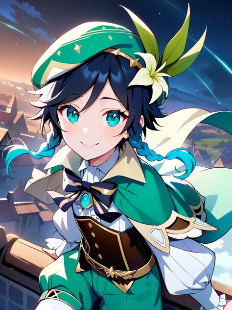 (best quality,4k,8k,highres,masterpiece:1.2),1boy,venti_(genshin_impact),flying above rooftops in a fantasy german city,mondstadt,(face focus,detailed face and clear eyes),flat chest,realistic:.5,night time,bluegreen eyes,mysterious smile,green cape,white ...