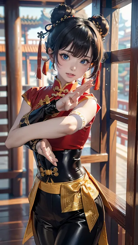 (Best Quality:1.2, Attention to detail, masterpiece:1.2, Best aesthetics), (1 petite girl), Cowboy Shot, ((Chinese martial arts uniform, Soft black kung fu pants)), (Big eyes, A sharp expression, Two buns, Kempo training, Pump your fist), 美しいAttention to d...