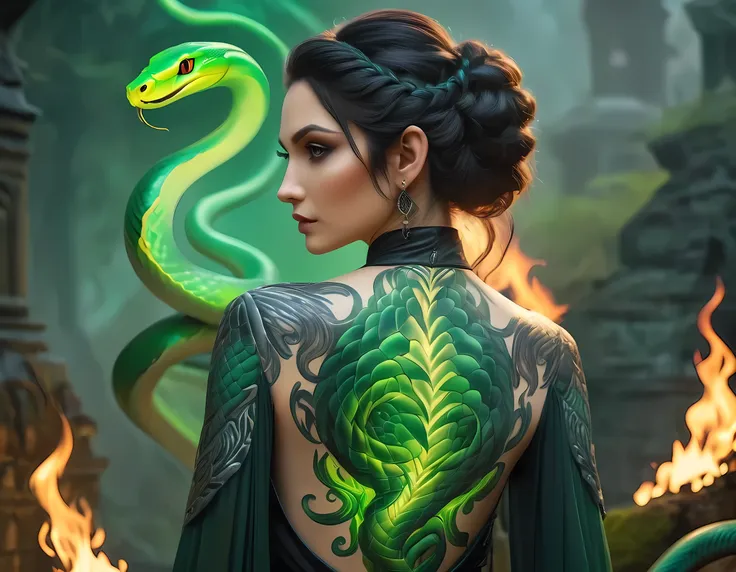 arafed, dark fantasy art, fantasy art, goth art, a picture of a tattoo of a green snake on the back of a female elf, a glowing t...