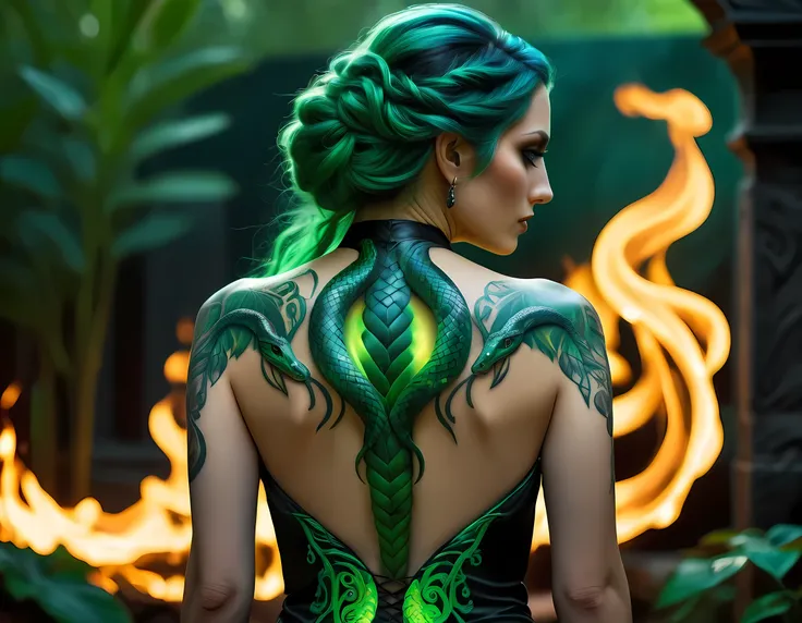 arafed, dark fantasy art, fantasy art, goth art, a picture of a tattoo of a green snake on the back of a female elf, a glowing t...