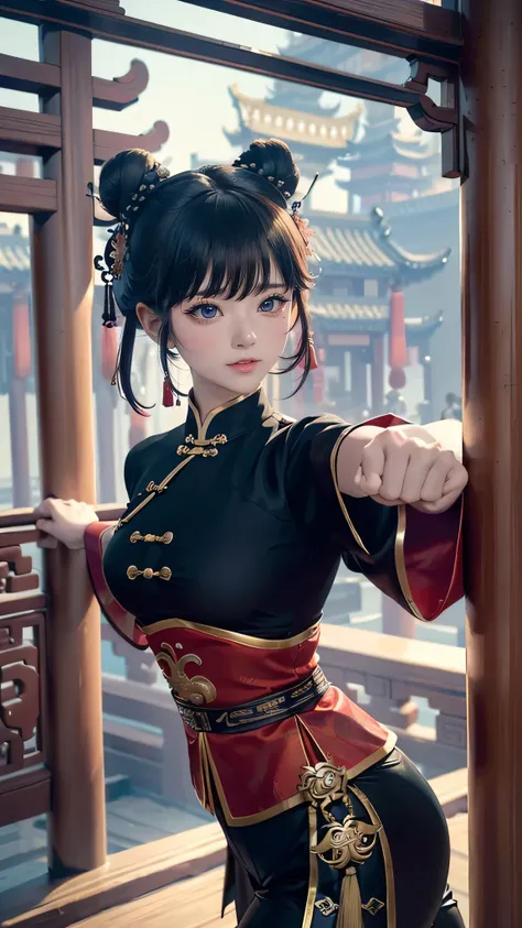 (Best Quality:1.2, Attention to detail, masterpiece:1.2, Best aesthetics), (1 petite girl), Cowboy Shot, ((Chinese martial arts uniform, Soft black kung fu pants)), (Big eyes, A sharp expression, Two buns, Kempo training, Pump your fist), 美しいAttention to d...