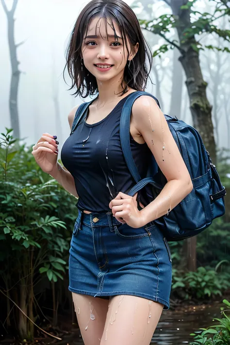 (Nature landscape photography), (Best Quality), Tabletop:1.2, Ultra-high resolution, ((Cowboy Shot:1.4))、((Front shot:1.4))、Realistic:1.4, RAW Photos, ((In the Dark, Misty Forest、Tyndall phenomenon:1.4)), (Wide Angle Shot), ((Small breasts:1.4))、((Black Ta...