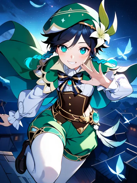 (best quality,4k,8k,highres,masterpiece:1.2),1boy,venti_(genshin_impact),flying above rooftops in a fantasy german city,mondstadt,(face focus,detailed face and clear eyes),flat chest,realistic:.5,night time,bluegreen eyes,mysterious smile,green cape,white ...