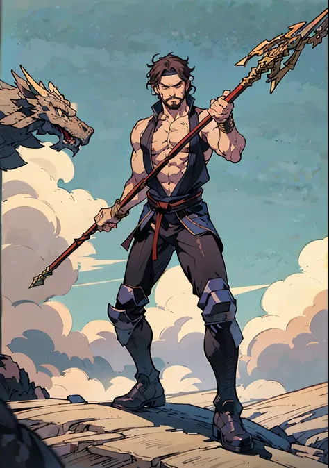 (masterpiece:1.2, best quality:1.2, extremely delicate:1.2), ((male:1.5)), a middle-aged man with short brown hair, a headband, a dignified face, mustaches and goatee beard, a fantasy martial arts style orange-yellow sleeveless vest, a sash wrapped around ...