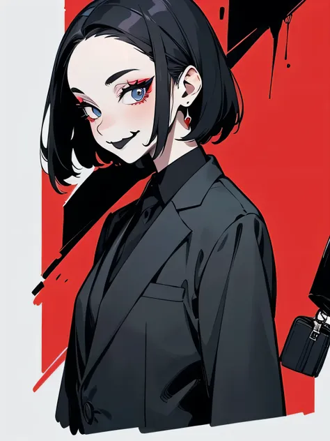 sideview,solo,upperbody,close up face:0.6,black bob,big forehead,red business shirt,tuxedo trousers,smirk,(black lipstick),makeup,handbag,red carpet,(manga style),(sketch),(illusration),