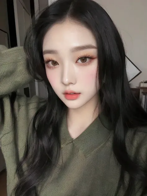 A close-up of a woman with long black hair and a green sweater., Korean Popular Makeup, popular makeup from South Korea, ulzzang, jinyoung pimple, Korean adorable face, young lovely korean face, pale round face, with round face, Jaeyeon&#39;s name, korean ...