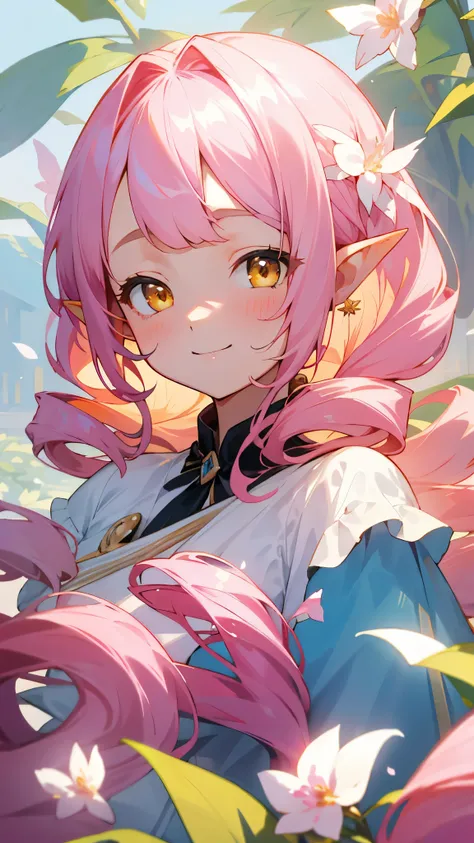 （Best Quality、masterpiece、Surreal）、Beautiful and delicate girl portrait、Playful and cute、Petals fluttering in the background、Pink long hair:1.5、Twin Drill、Split bangs、Yellow Eyes、Pointed Ears、smile、