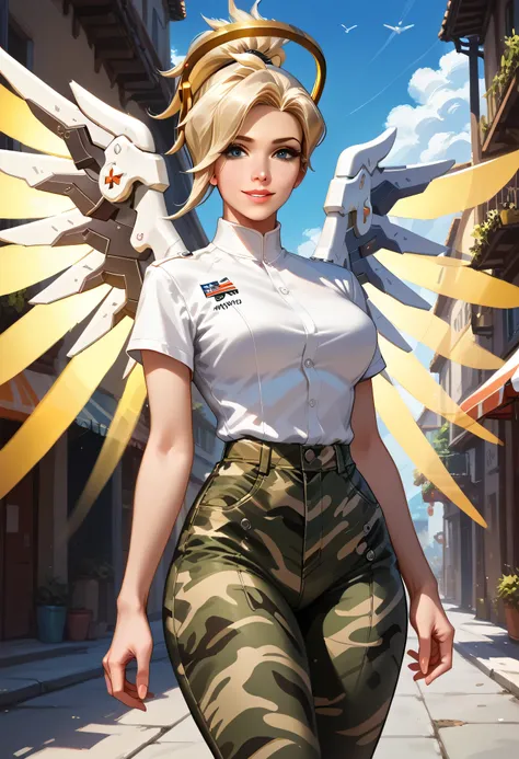 (1girl), (mrcy, short hair, high ponytail, halo:1.3), Beautiful detailed eyes, Beautiful detailed lips, Highly detailed face, Detailed Fashion,  smile,  Cinematic, Intricate details, thighs, wide hips, military camouflage pants